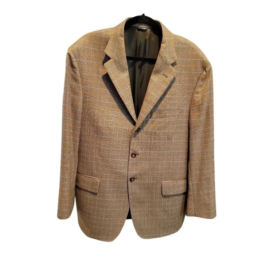 David Chu Wool Cashmere Blazer Sport Coat Sz 46 Tan Men's Plaid‎